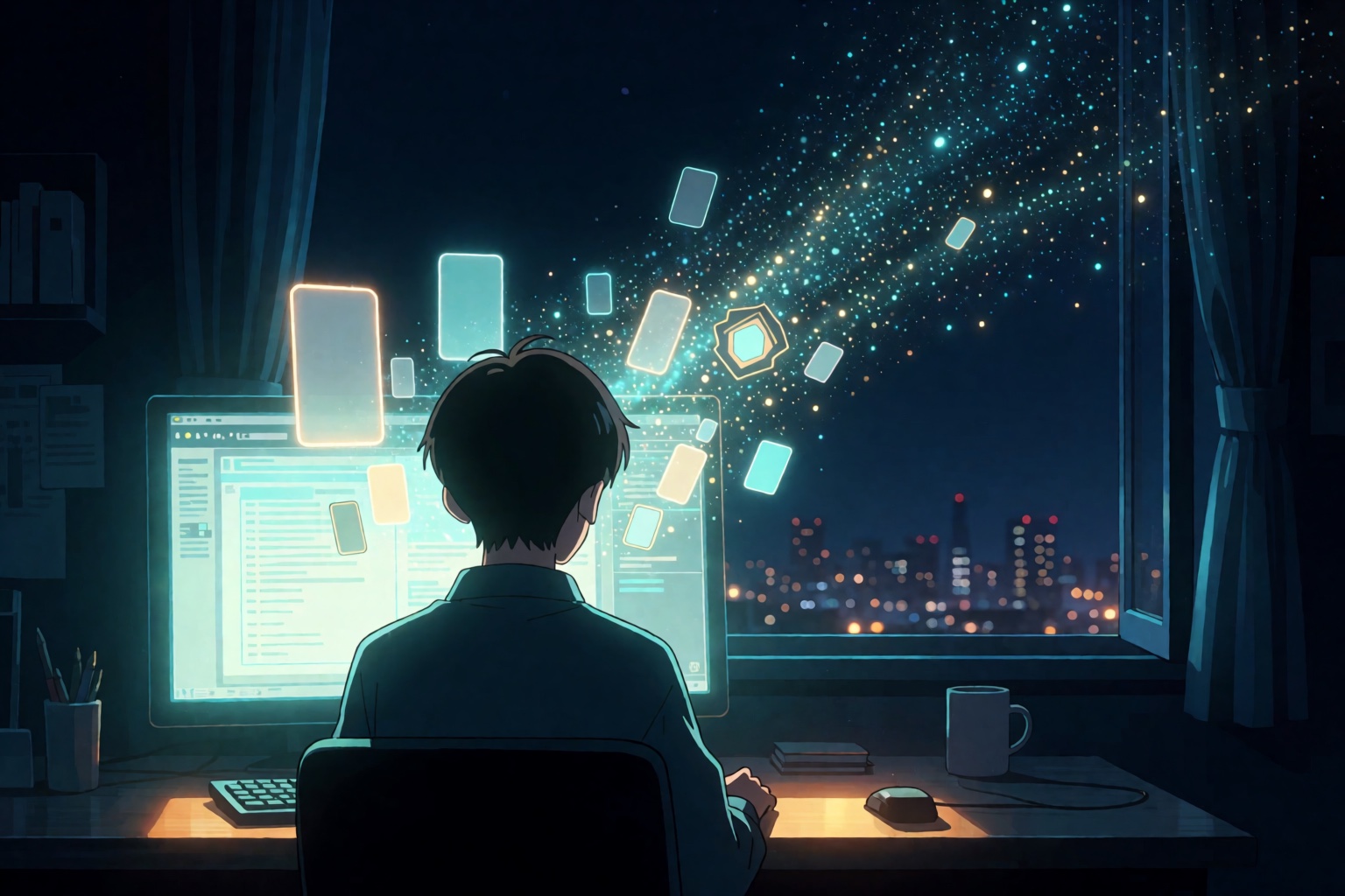 Concept illustration — a developer sending glowing model cards into the night sky / 制作イメージ（イラスト）：開発者の前で光るカードが空へ流れる