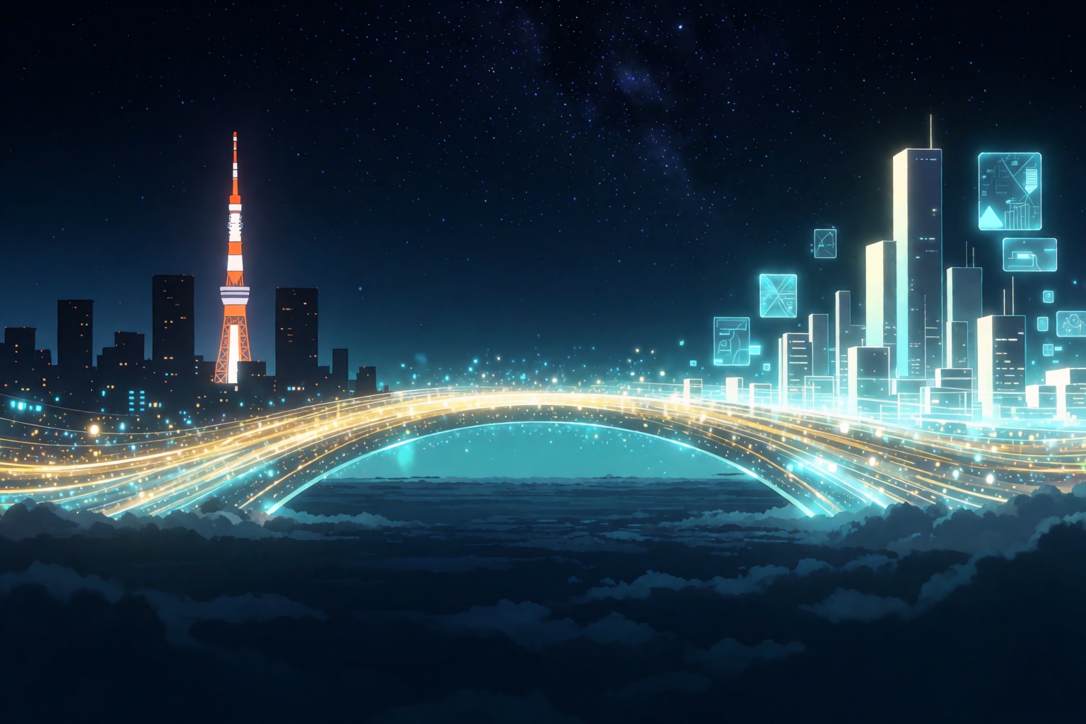 Concept illustration — a bridge of light connecting two night skylines / 制作イメージ（イラスト）：光の橋でつながるふたつの夜景