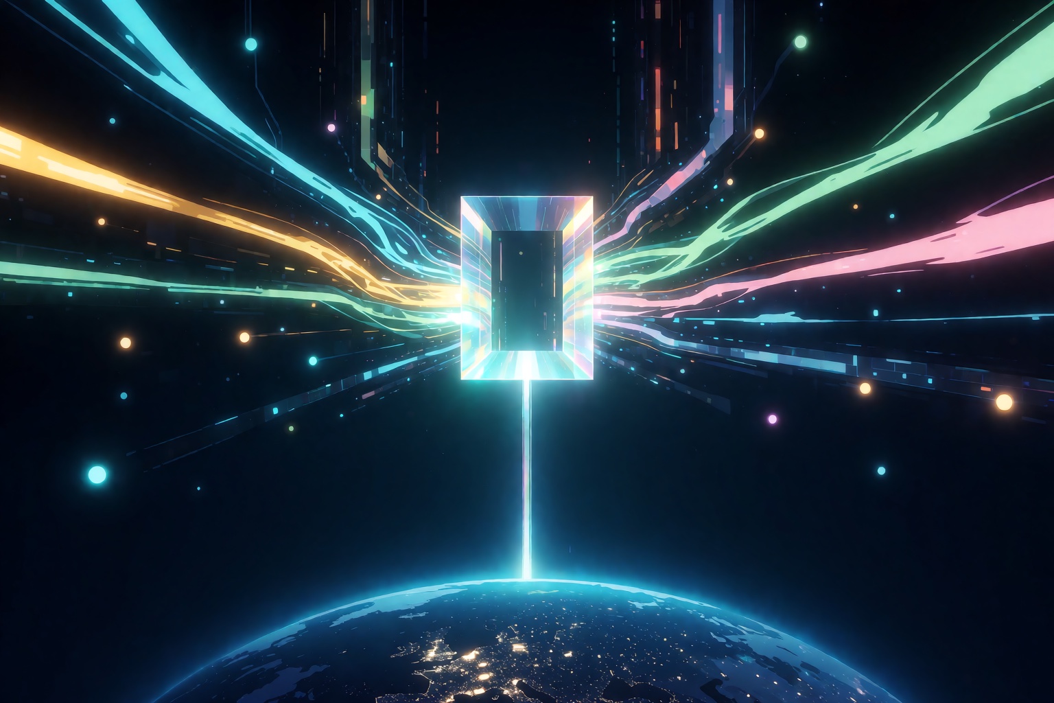 Concept illustration — many light streams converging into one gateway / 制作イメージ（イラスト）：光の流れがひとつのゲートウェイに集まる