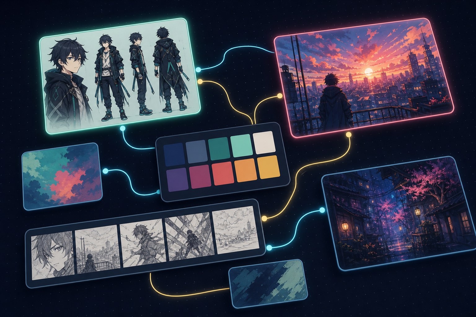 Nuri workspace concept illustration — art cards connected on an infinite canvas / 無限キャンバス上の制作イメージ（イラスト）：素材カードが線でつながる