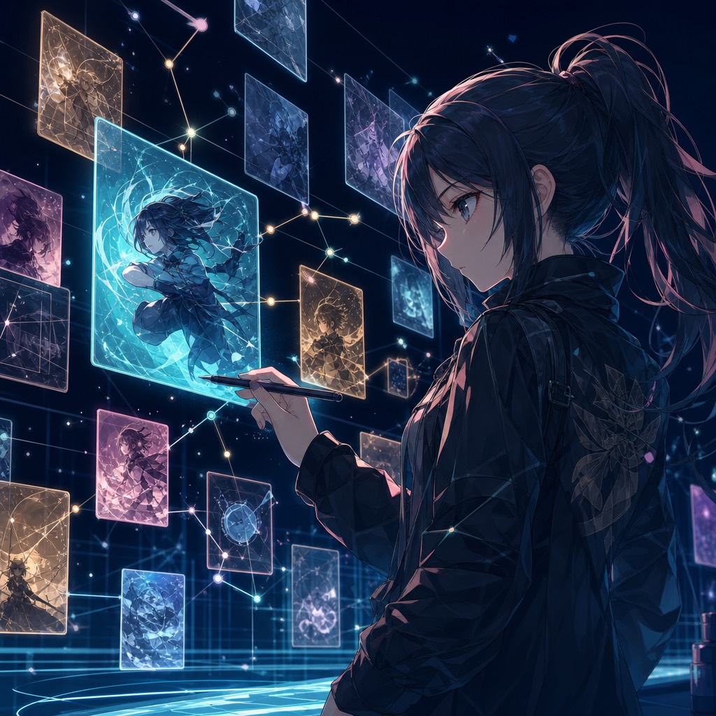 Concept illustration — a creator organizing glowing material cards / 制作イメージ（イラスト）：キャンバスの前で素材を整理するクリエイター