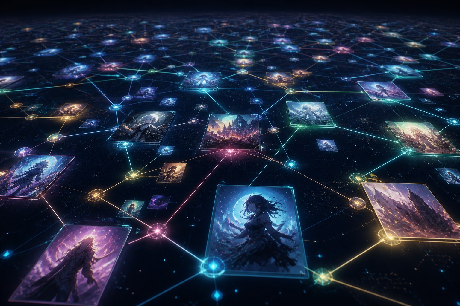 Concept illustration — a canvas of connected materials spreading wide / 制作イメージ（イラスト）：広がるキャンバス上の素材グラフ