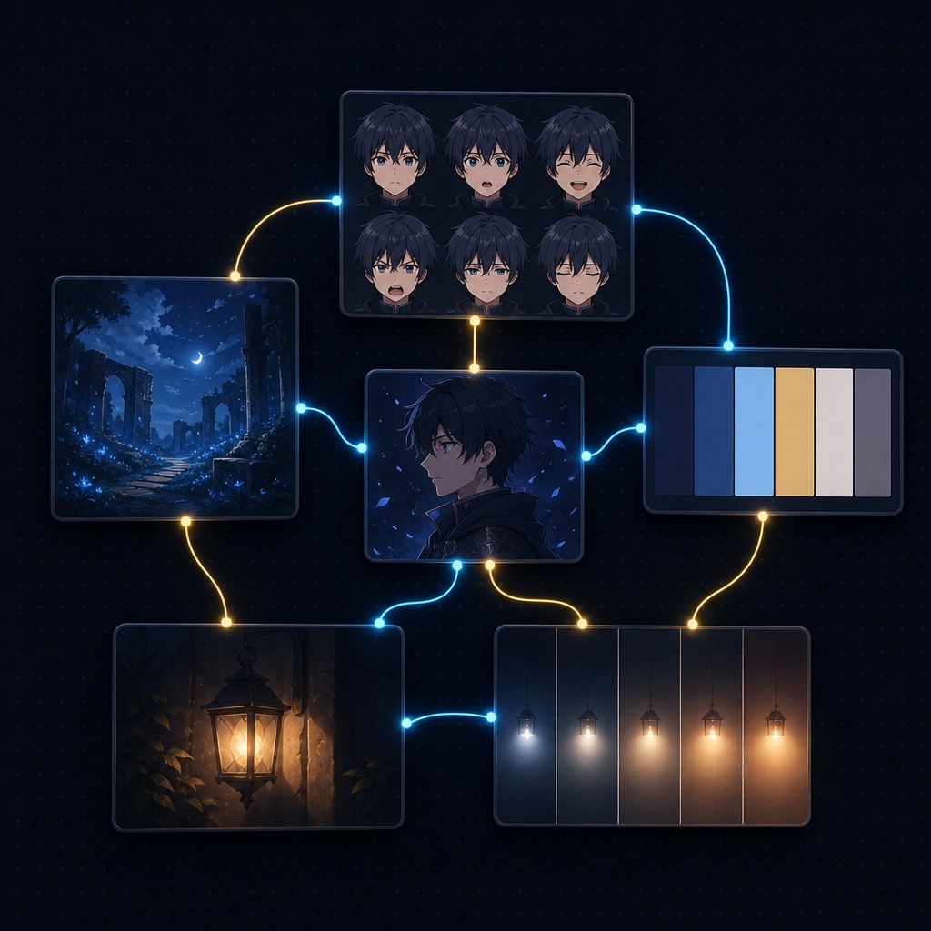 Concept illustration — connected material cards for characters, palettes and scenes / 制作イメージ（イラスト）：キャラクター・配色・風景の素材カードのつながり